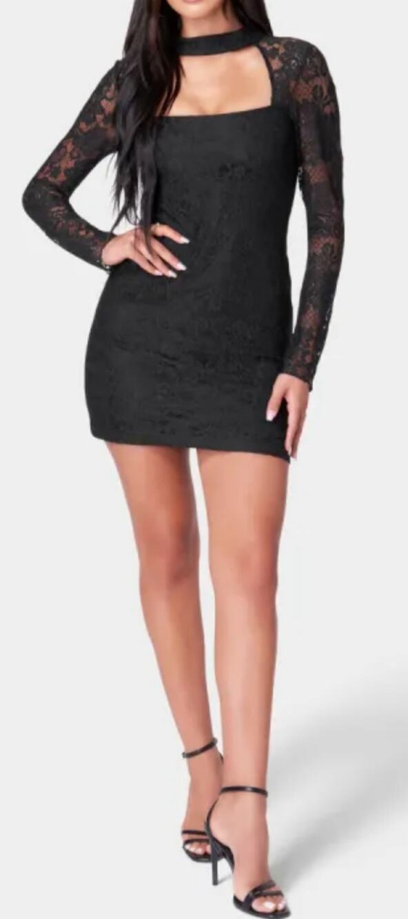 New Bebe black lace sheer sleeve mini dress Size Med Whimsigoth Dark Romantic